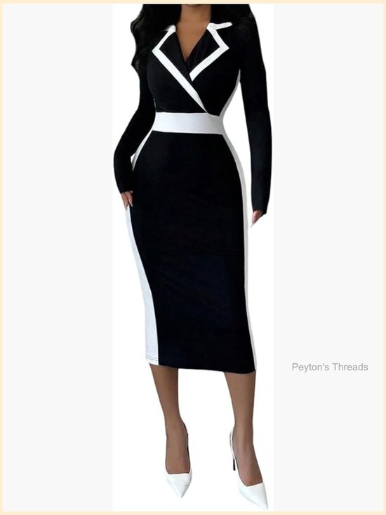 Dresses & Skirts - Women's Elegant Bodycon Midi Dress Long Sleeve Cocktail